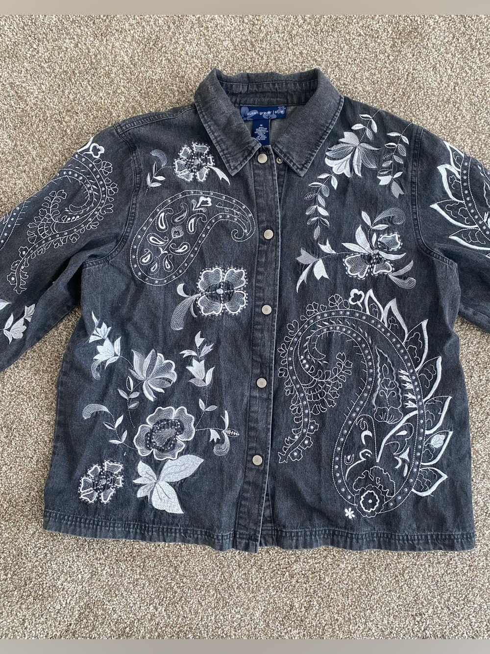 Embroidered Black Denim Shirt Jacket with White Paisley & Floral Design
